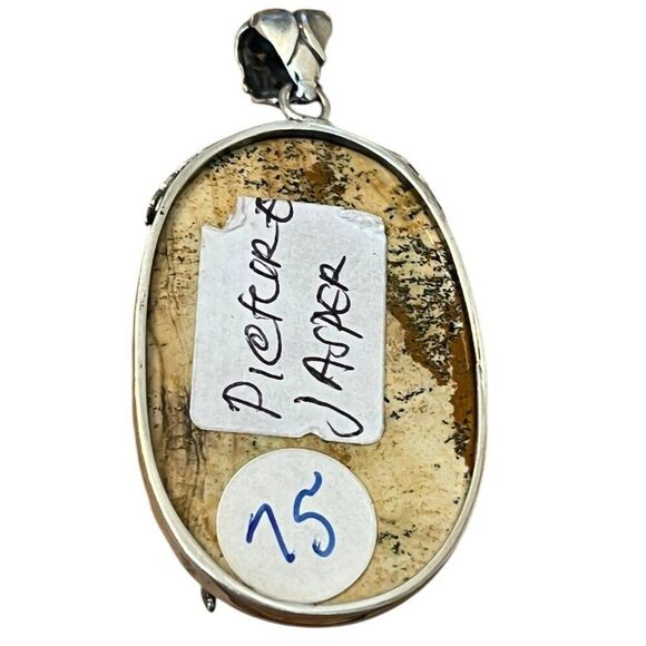 Artisan Large Sterling Silver Picture Jasper Pendant Tan Quartz Flower Necklace - Picture 6 of 8